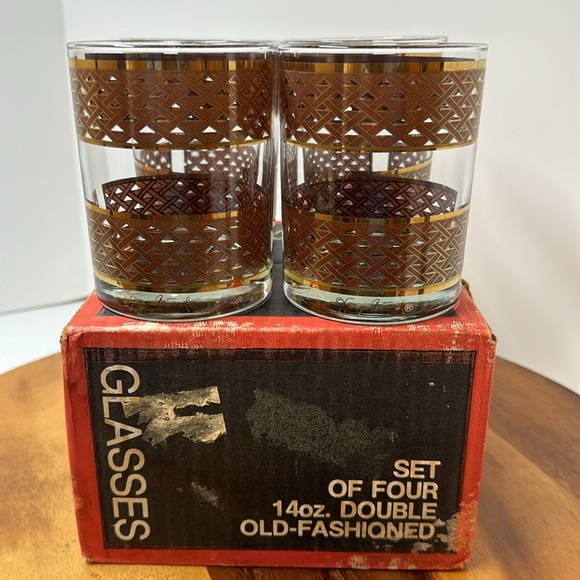 Vintage Georges Briard Set of 4 Glasses Mid-Century MCM Mad Men Style gold weave - Picture 1 of 13